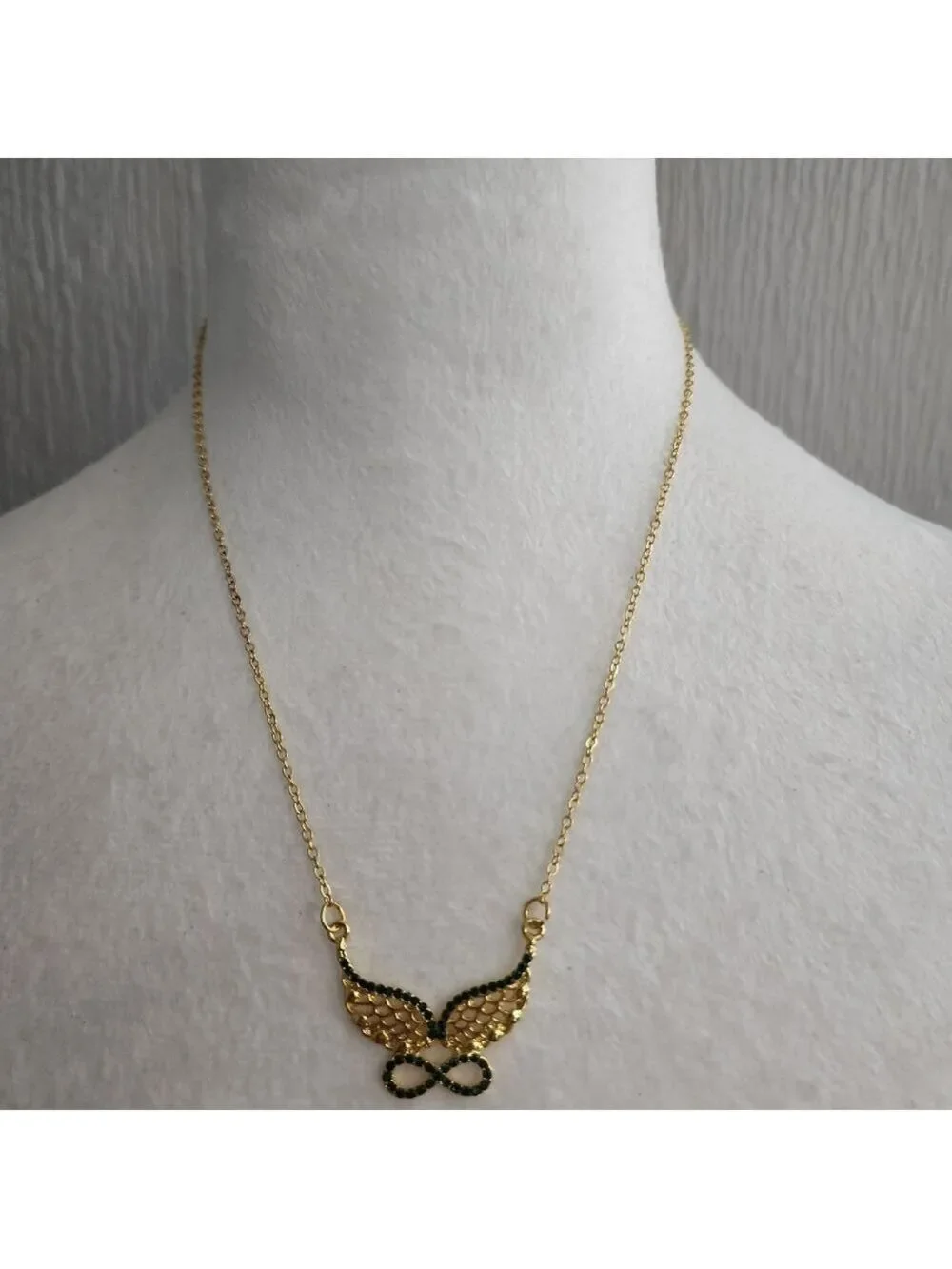Gold Tone Green Winged Infinity Necklace